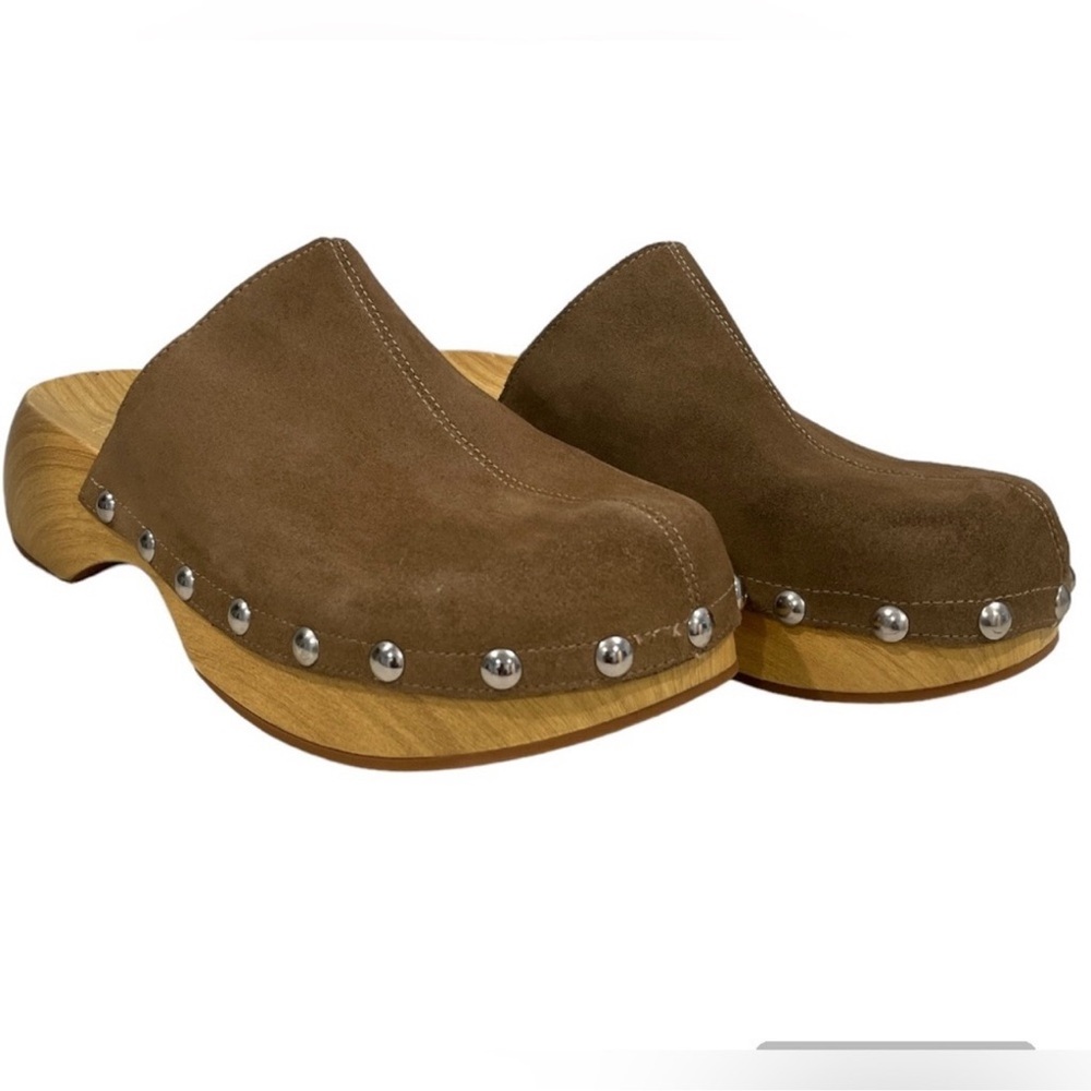 Zara studded suede clogs in taupe in size 40
